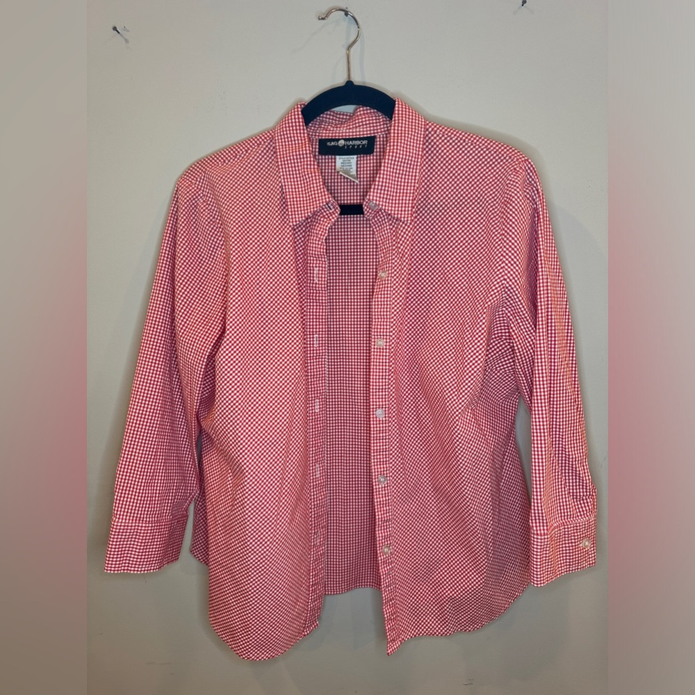 Sag Harbor Red White Gingham Button Down Blouse Size Medium